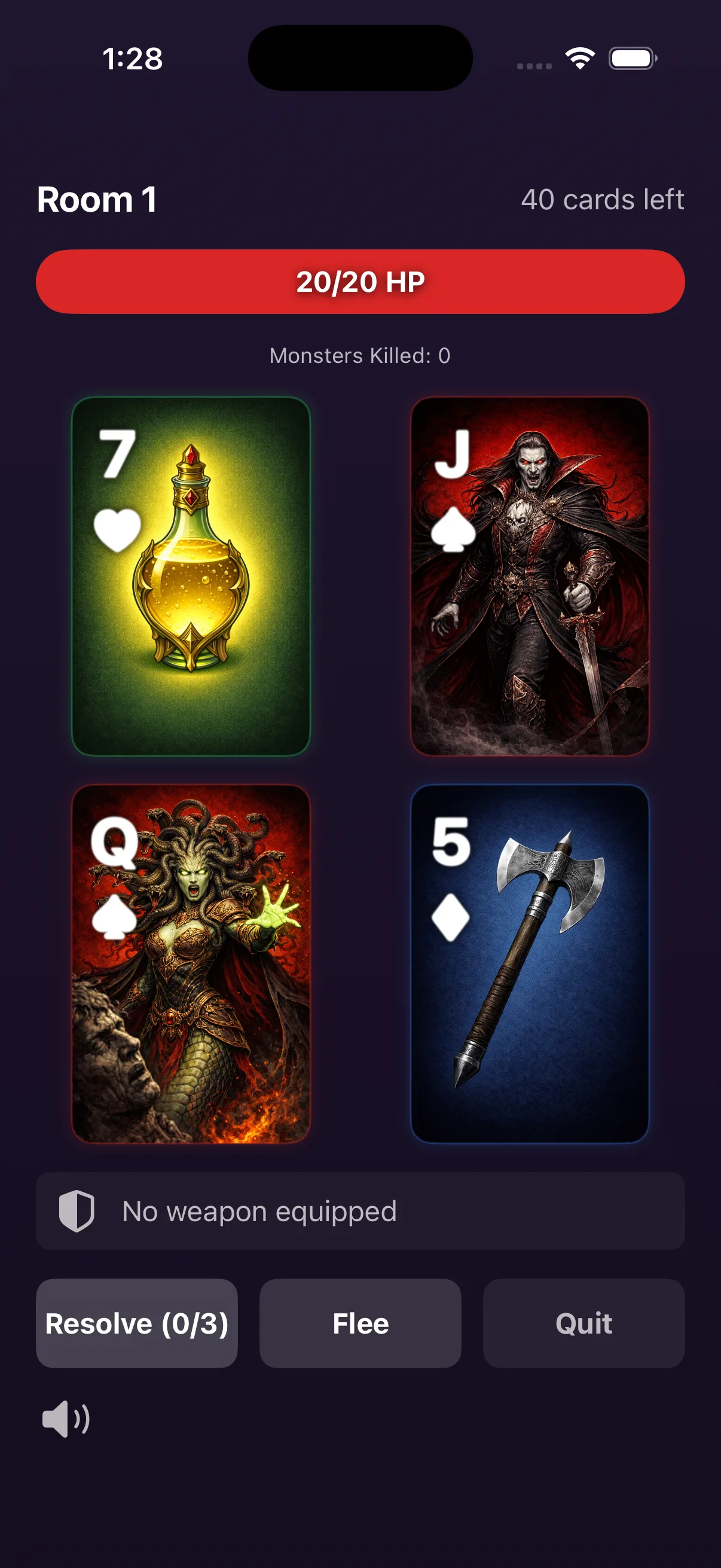 Scoundrel gameplay screenshot showing dungeon crawler card game interface