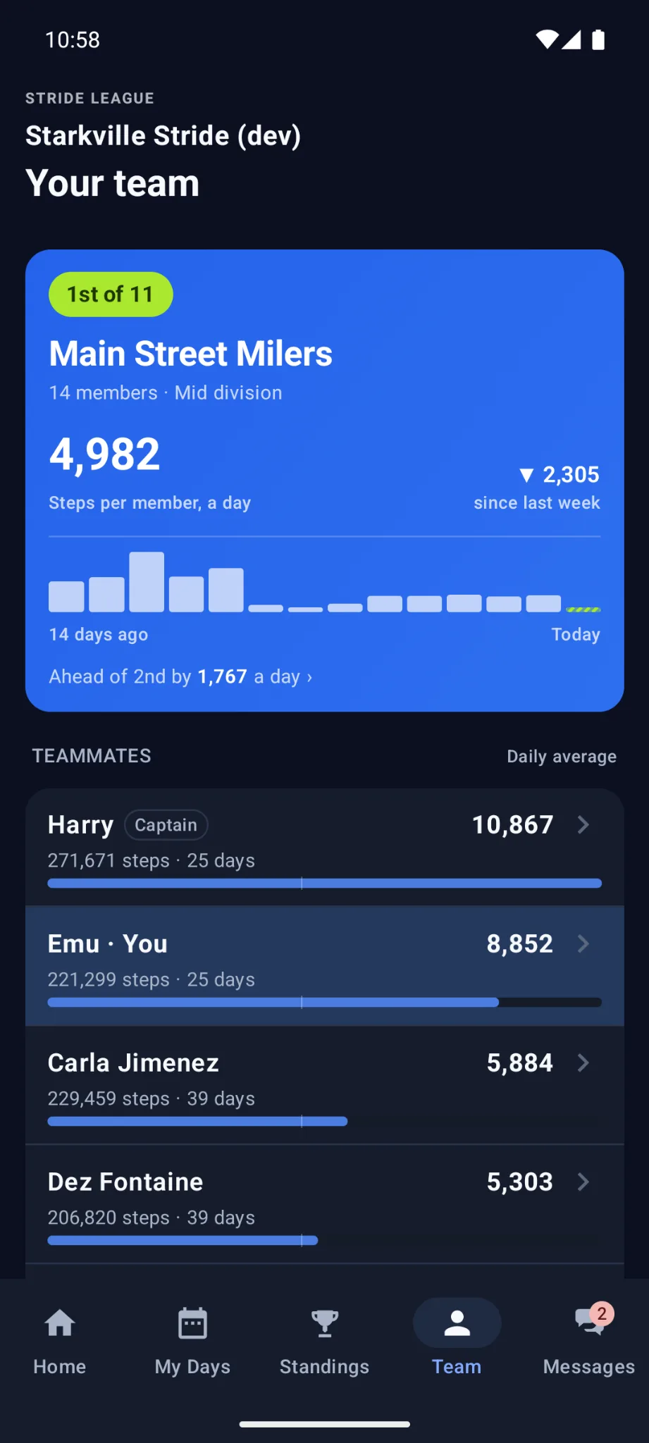 Stride League team progress on Android