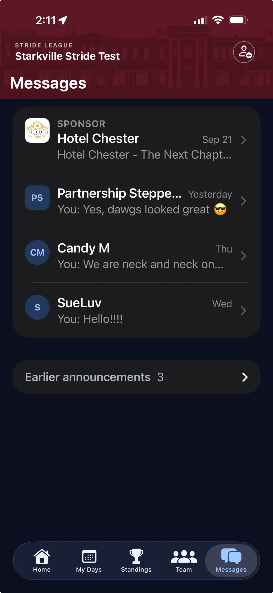 Stride League on iPhone showing community messages and sponsor announcements