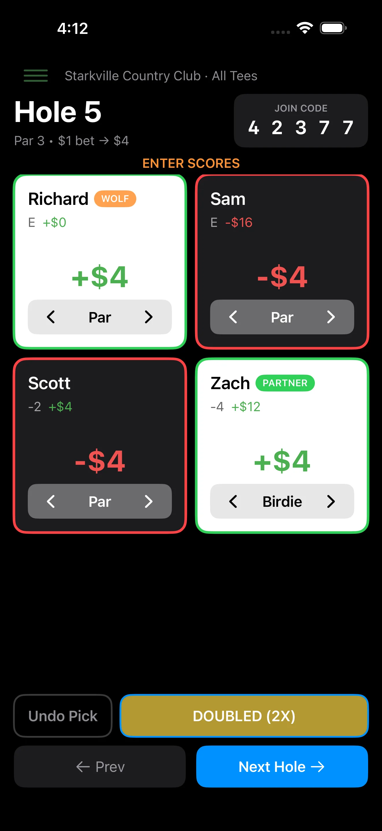 Wolfbite scoring screen for hole 5 with live payouts