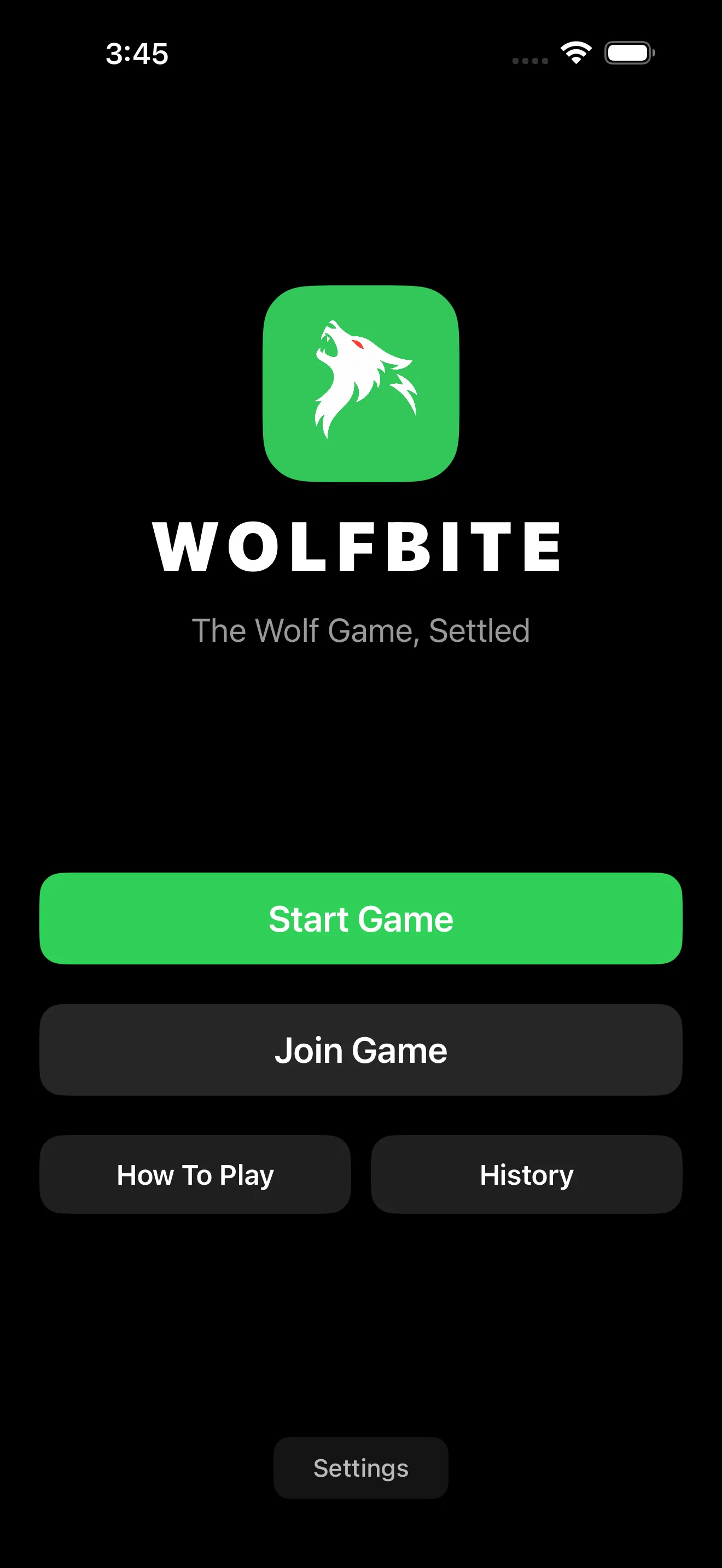 Wolfbite home screen with new game and join game controls